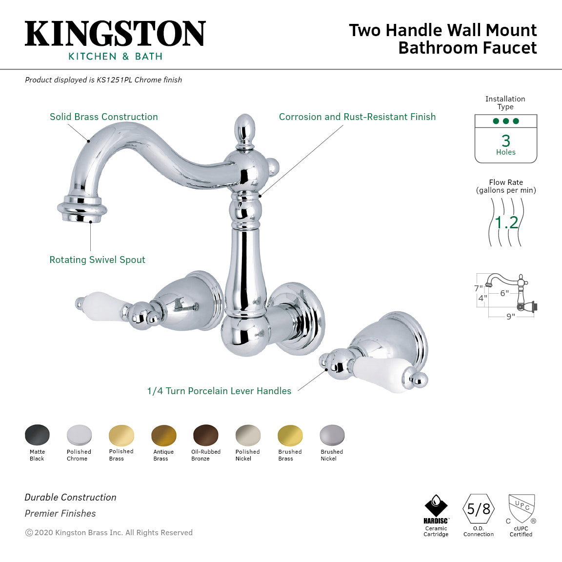 Kingston Heirloom KS1255PL - Heritage Double-Handle 3-Hole Wall Mount Bathroom Faucet, Oil Rubbed Bronze — thumbnail 2